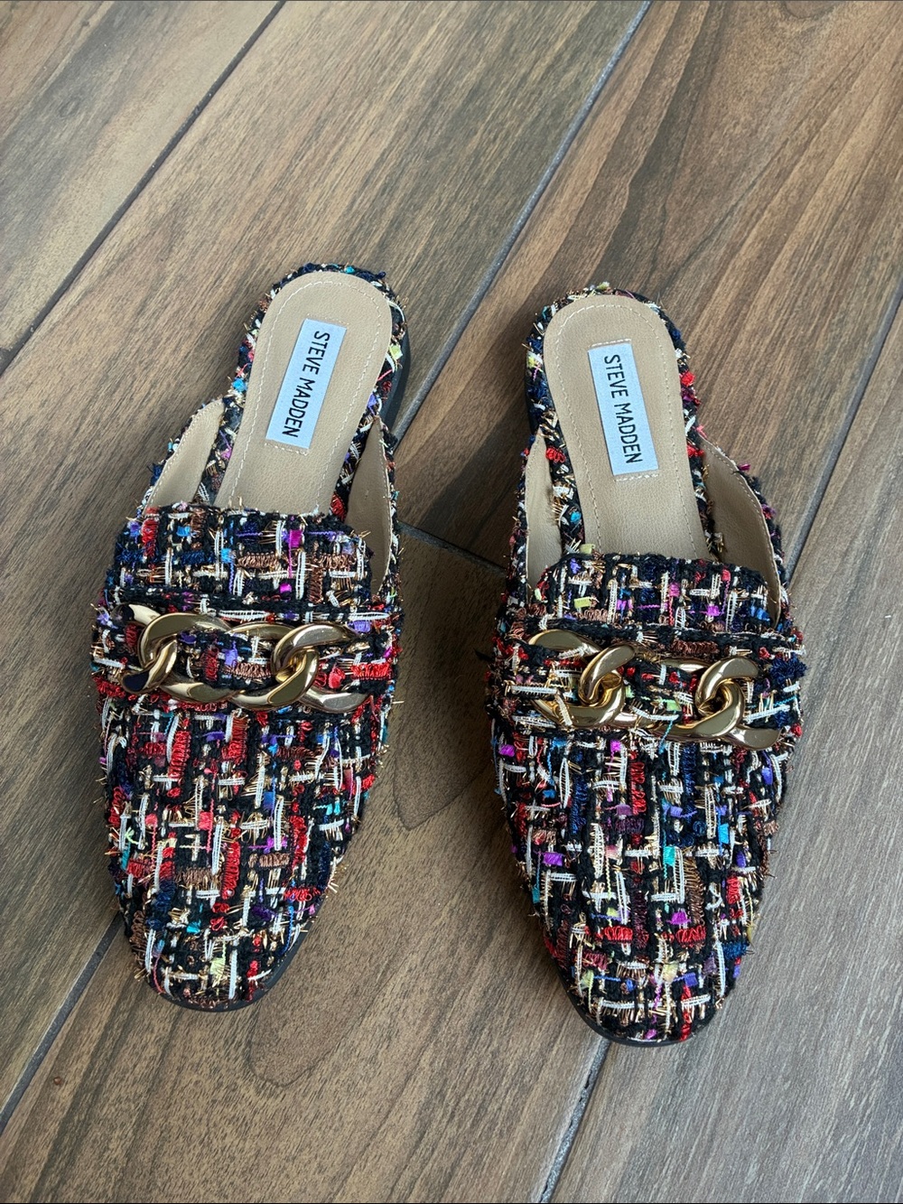 Steve Madden Multicolor Tweed Mules with Gold Chain